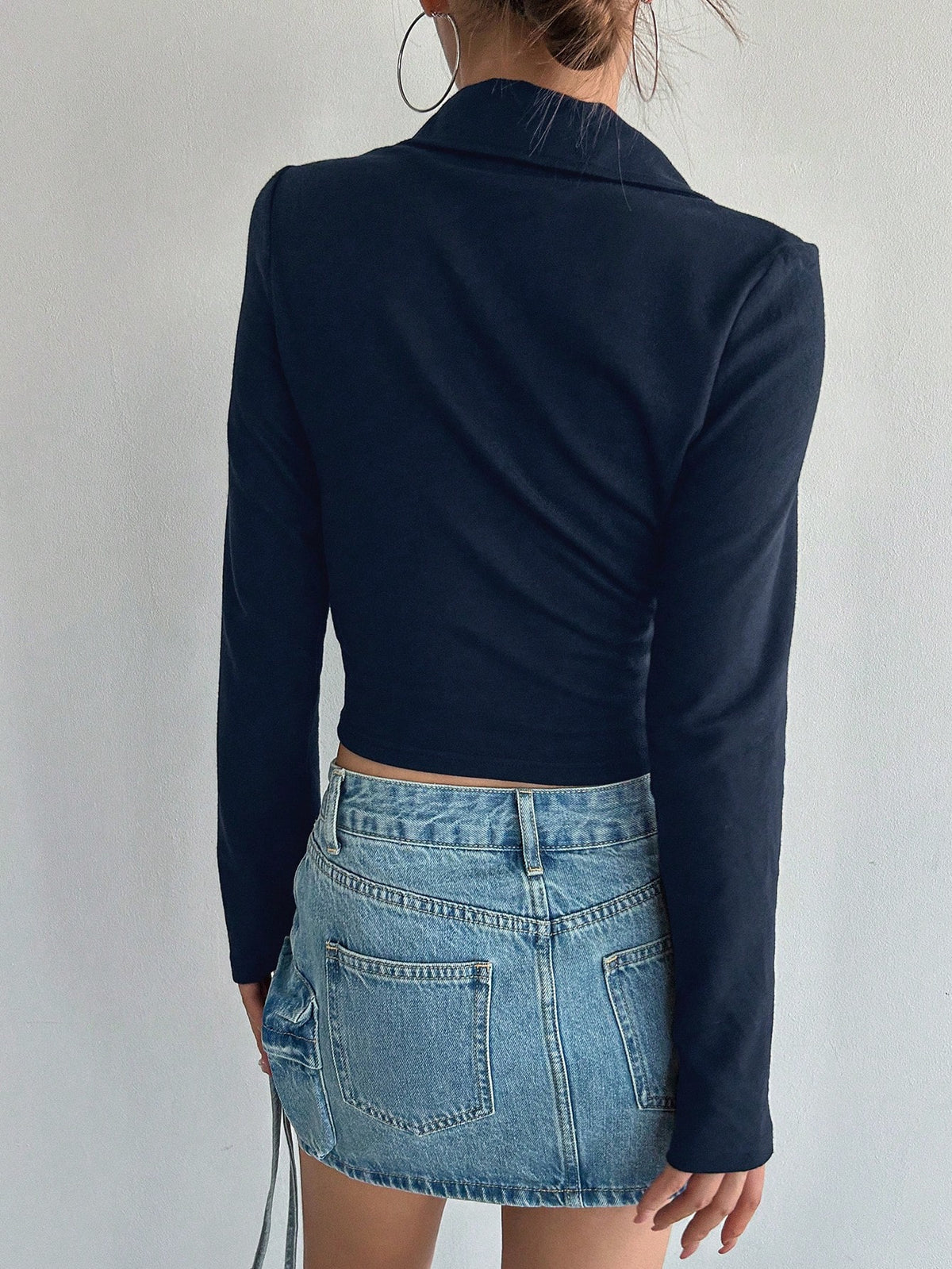 Women's Half-Zip Collared Ribbed Long-Sleeve Crop Top