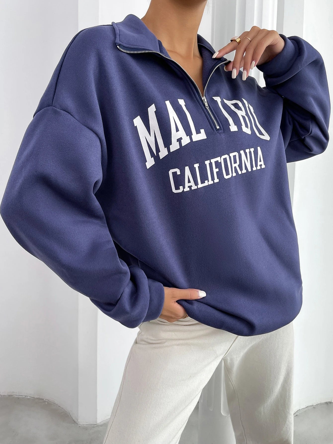 Letter Graphic Half Zip Drop Shoulder Thermal Lined Sweatshirt