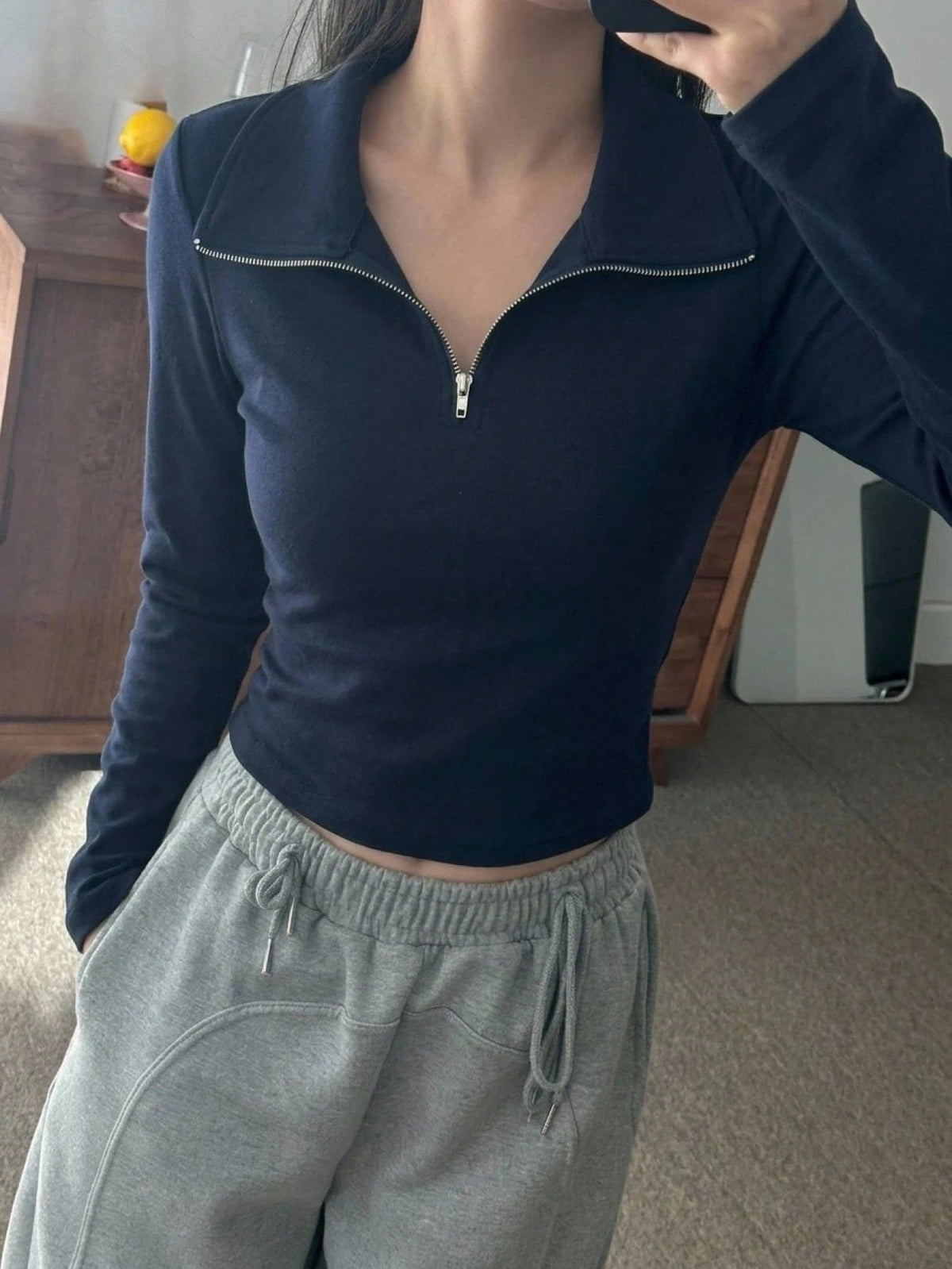 Women's Half-Zip Collared Ribbed Long-Sleeve Crop Top