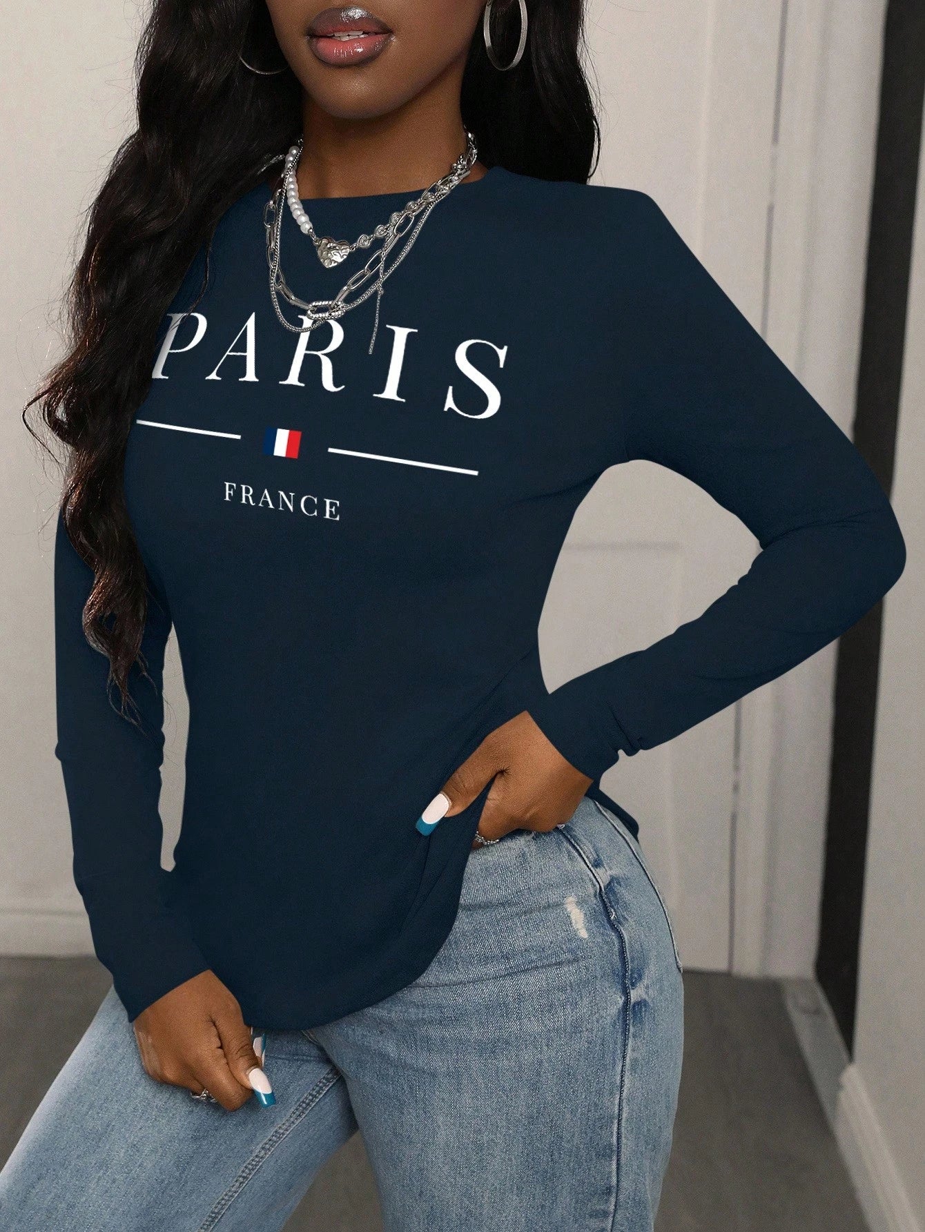 Homewear Long Sleeve T-Shirt With Paris Letter & Colorblock Digital Print Graphic Tees