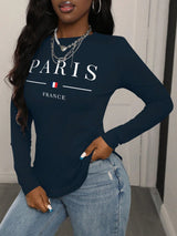 Homewear Long Sleeve T-Shirt With Paris Letter & Colorblock Digital Print Graphic Tees