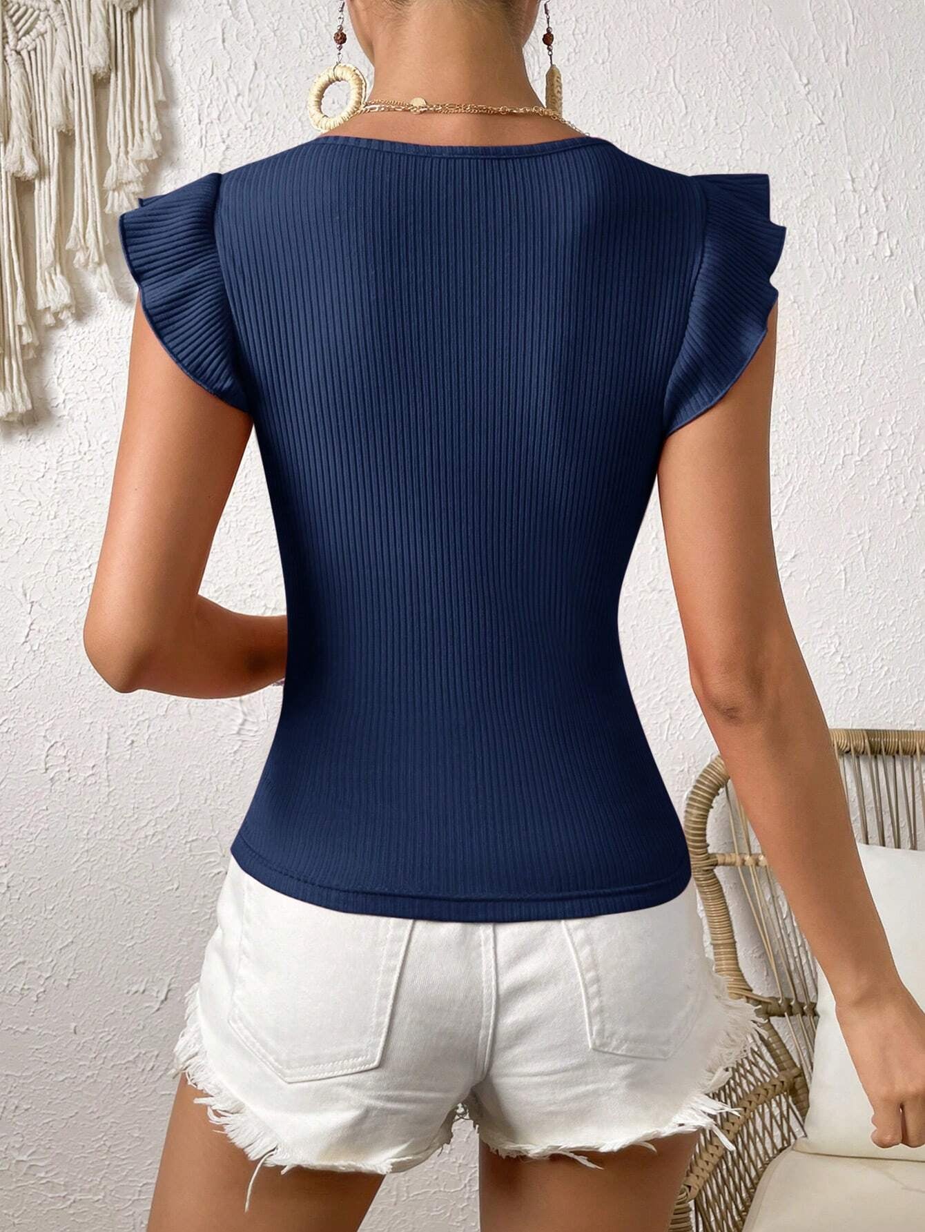 Solid Color Ribbed Knit Cap Sleeve Tee