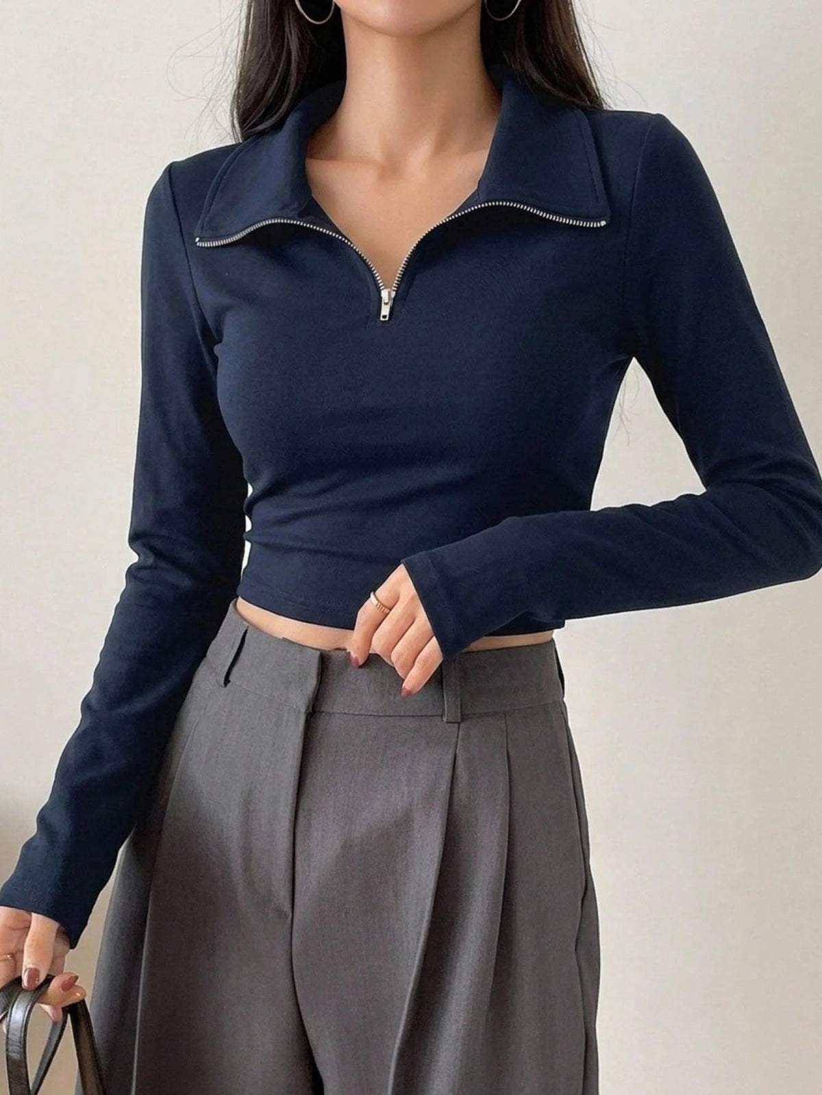 Women's Half-Zip Collared Ribbed Long-Sleeve Crop Top
