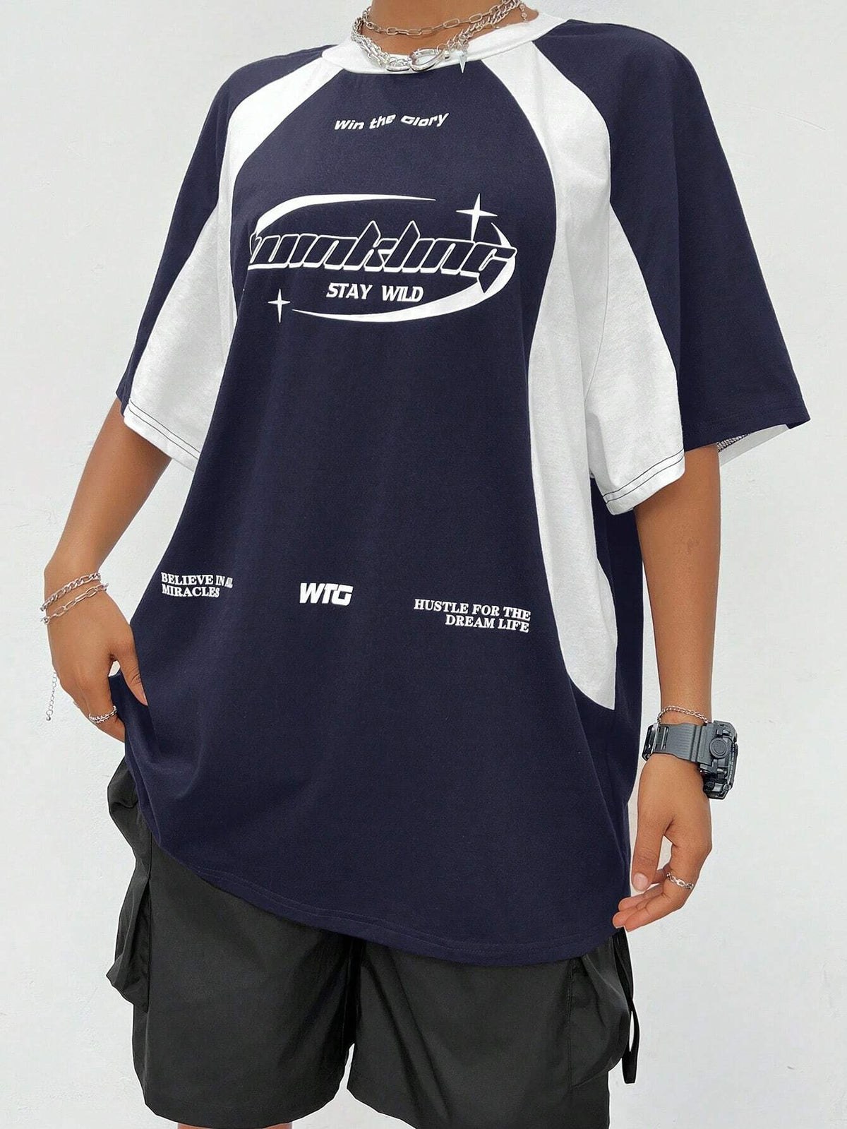 Women's Oversized Colourblock Slogan Raglan T-Shirt