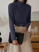 Stand Collar Solid Color T-Shirt Long Sleeve Women Tops