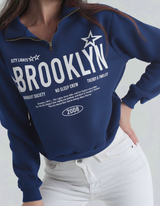 Half Zip Drop Shoulder "BROOKLYN" Letter Print Oversized Sweatshirt, Long Sleeve