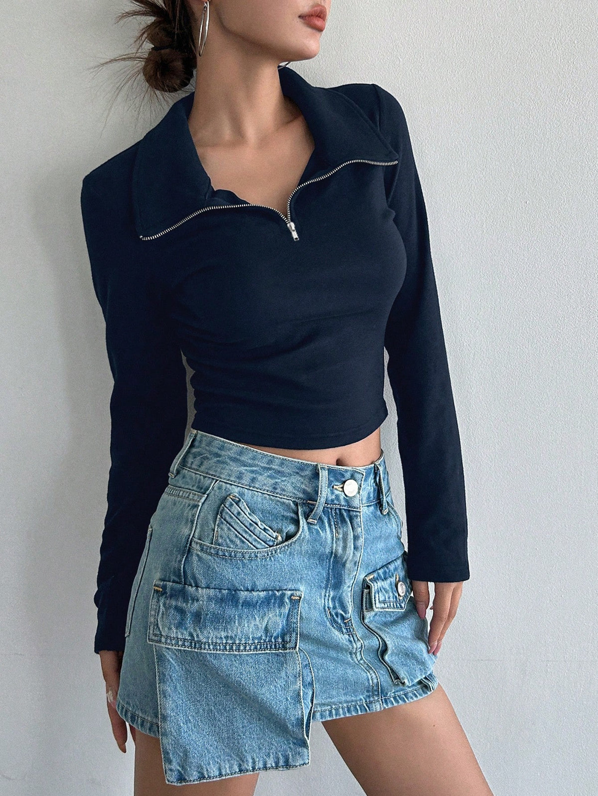 Women's Half-Zip Collared Ribbed Long-Sleeve Crop Top