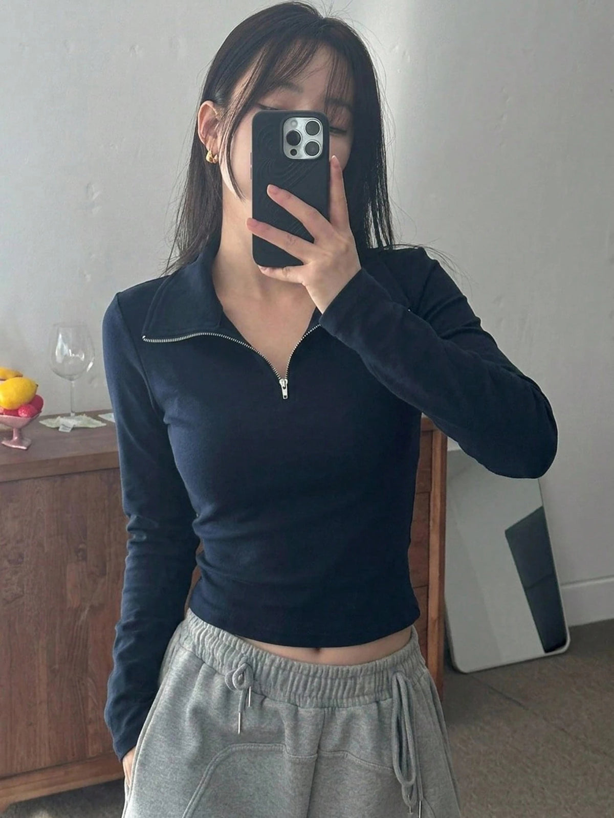 Women's Half-Zip Collared Ribbed Long-Sleeve Crop Top