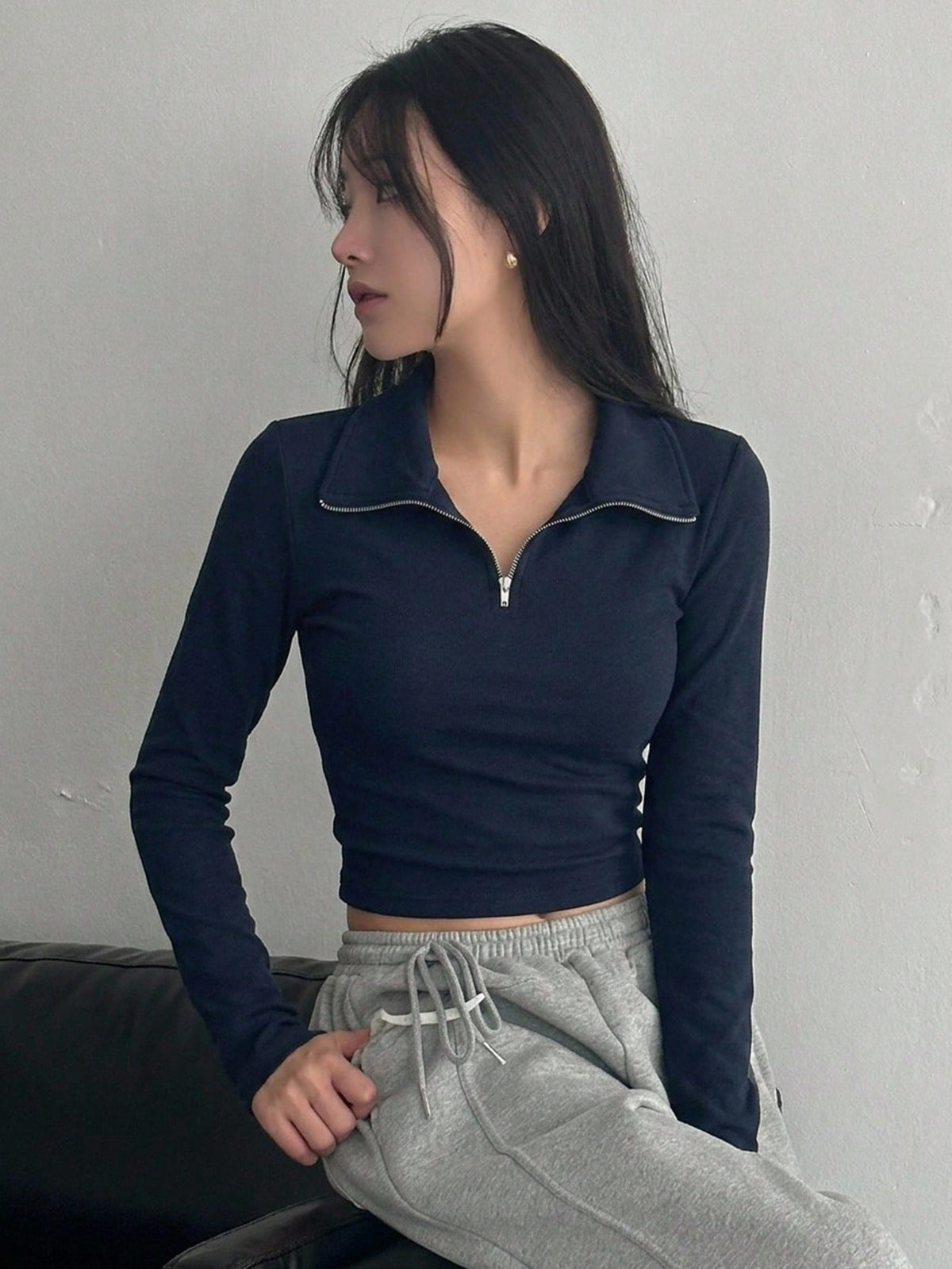 Women's Half-Zip Collared Ribbed Long-Sleeve Crop Top