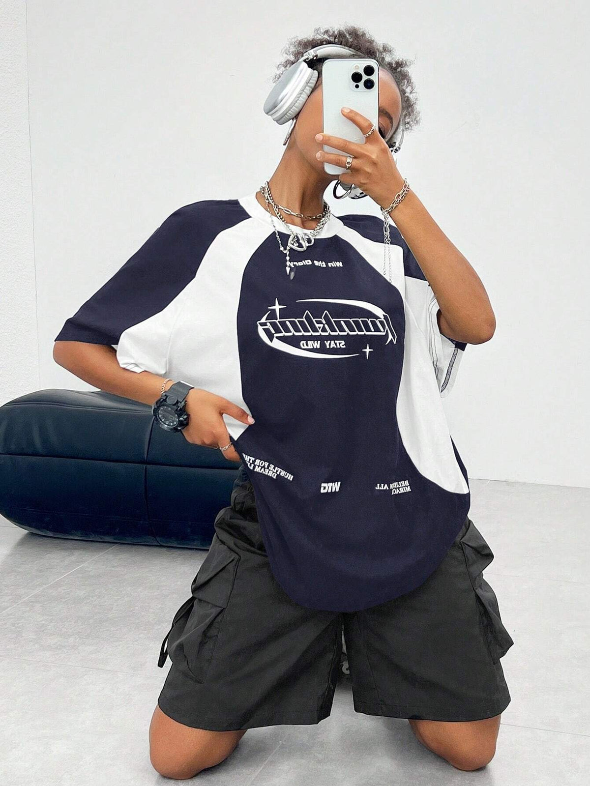 Women's Oversized Colourblock Slogan Raglan T-Shirt