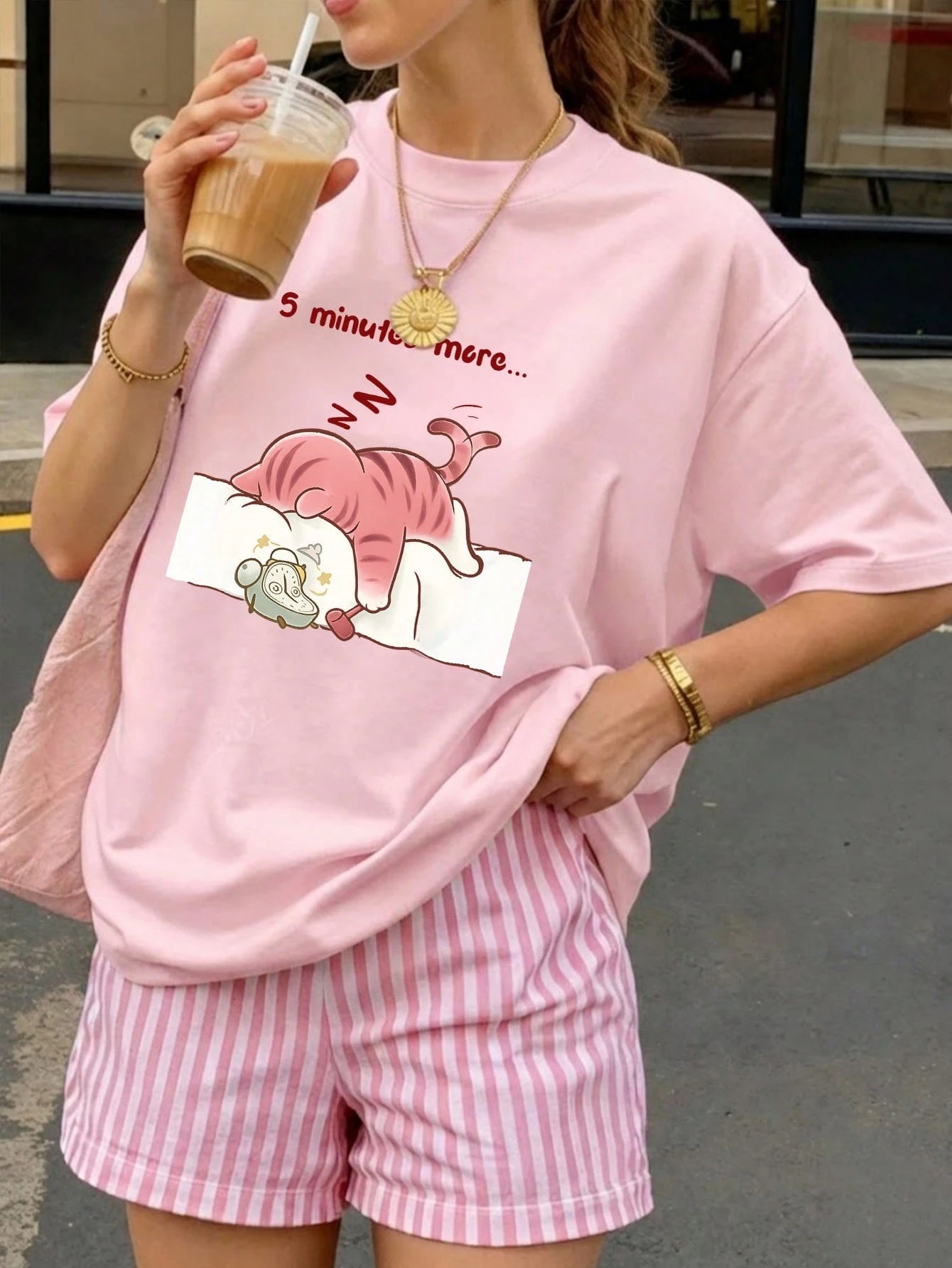 Round Neck Short Sleeve T-Shirt, Sleeping Cat English Letter Print