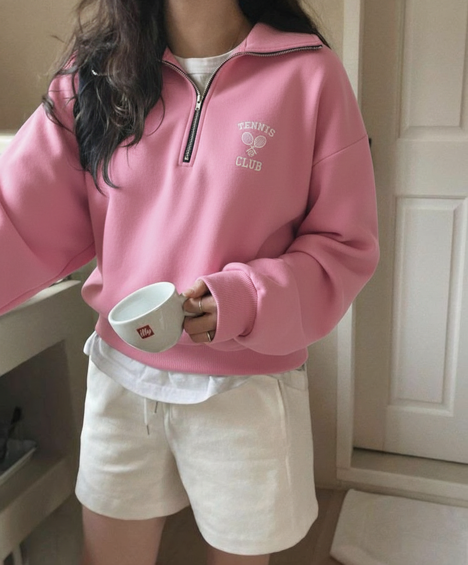 Half Zip Drop Shoulder "TENNIS CLUB" Letter Print Oversized Sweatshirt, Long Sleeve