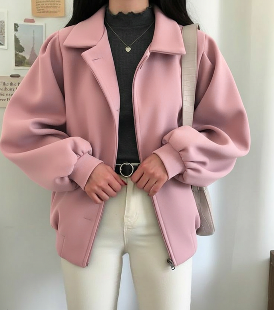 Casual Solid Color Puffed Bomber Zip-Up Long Sleeve Jacket