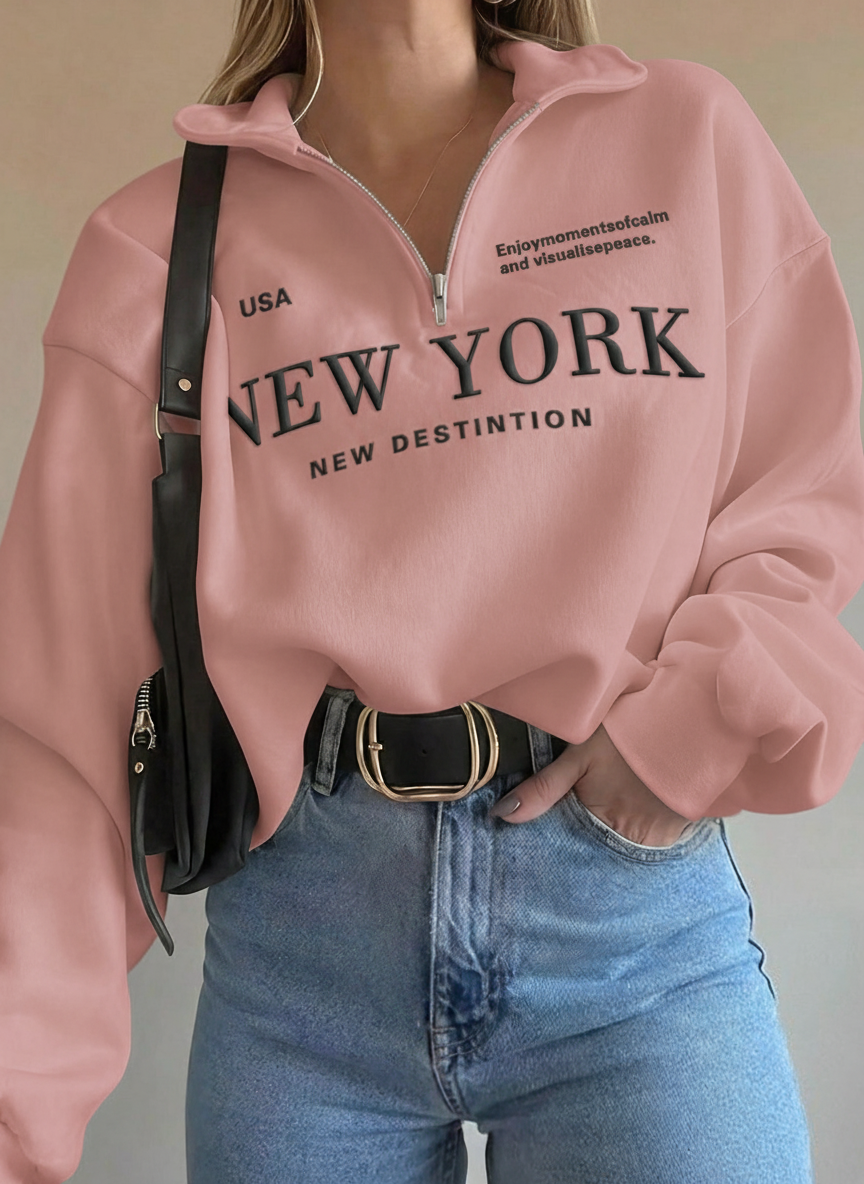 Half Zip Drop Shoulder "NEW YORK" Letter Print Oversized Sweatshirt, Long Sleeve (Copy)