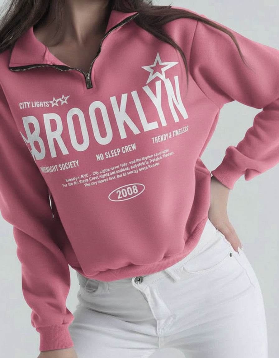 Half Zip Drop Shoulder "BROOKLYN" Letter Print Oversized Sweatshirt, Long Sleeve