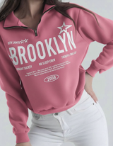Half Zip Drop Shoulder "BROOKLYN" Letter Print Oversized Sweatshirt, Long Sleeve