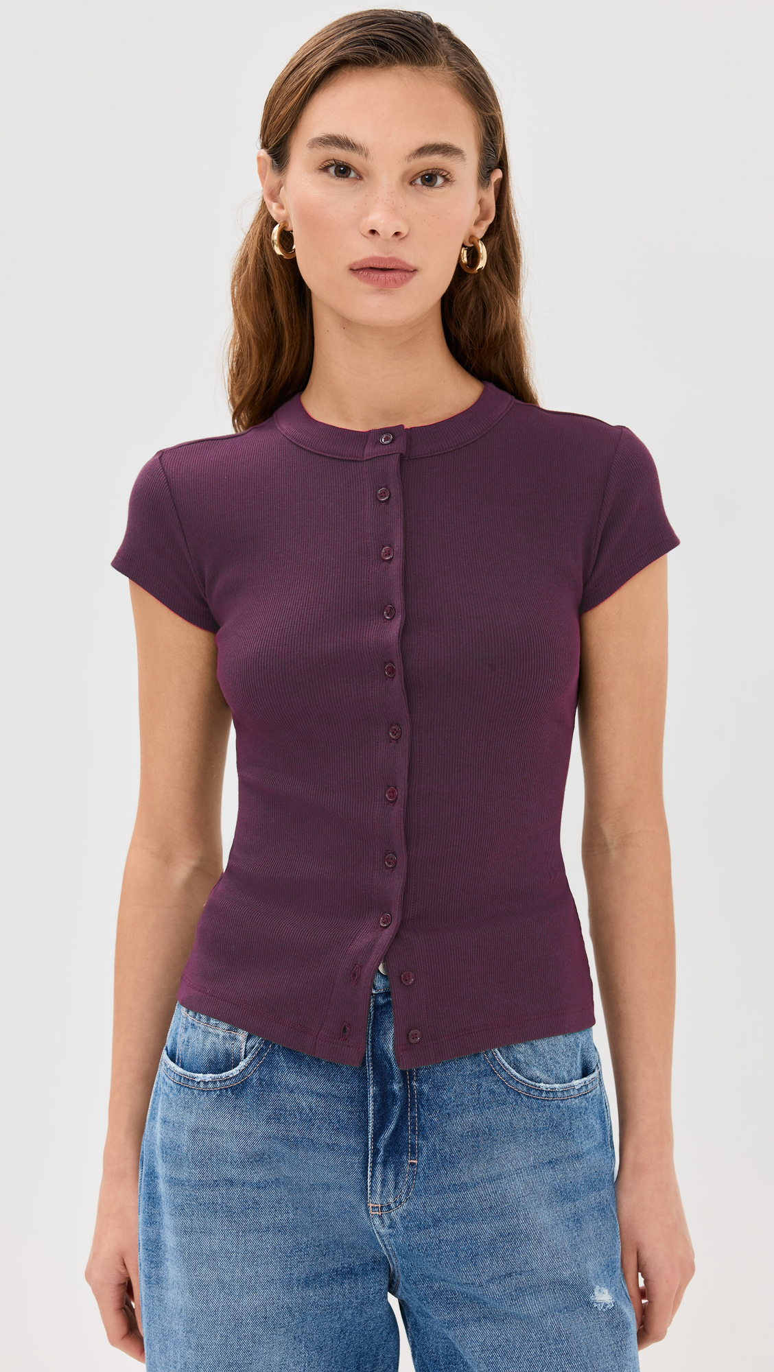 Ribbed Knit Cardigan - Stylish Solid Color T-Shirt with Full-Button Front and Ribbed Detailing, Perfect for Casual Wear
