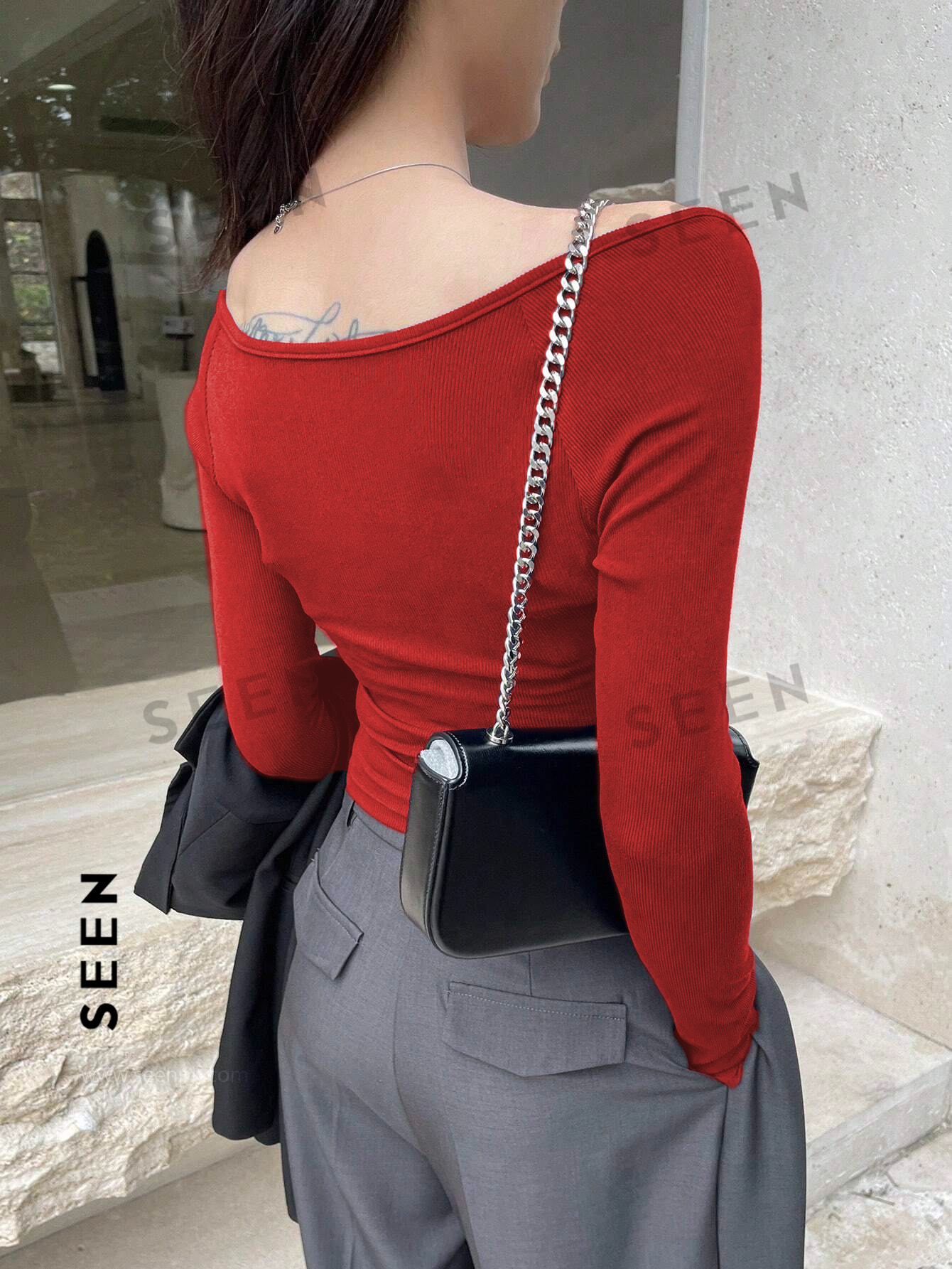 Women's Solid Color Square Neckline Long Sleeve Slim Fit T-Shirt