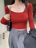 Women's Solid Color Square Neckline Long Sleeve Slim Fit T-Shirt