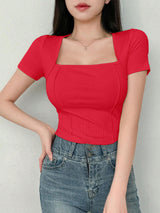 Women's Solid Color Swan Collar Short Sleeve T-Shirt