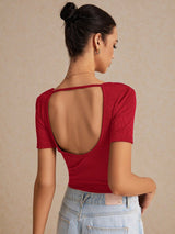 Solid Black Backless Short Sleeve Tee, Effortless Chic Essential, Summer Top