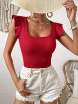 Solid Color Ribbed Knit Cap Sleeve Tee