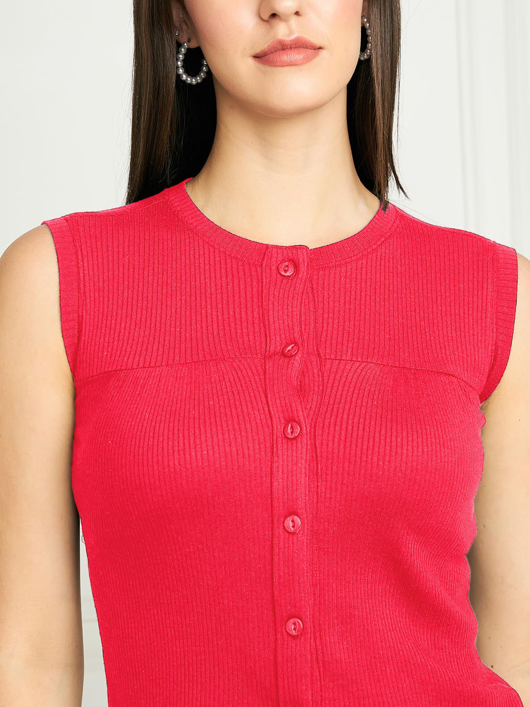 Rib-Knit Open Front Button Sleeveless Cropped Camisole Top