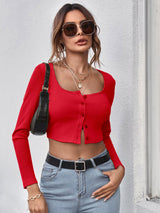 Neck Button Placket Rib-knit Tee