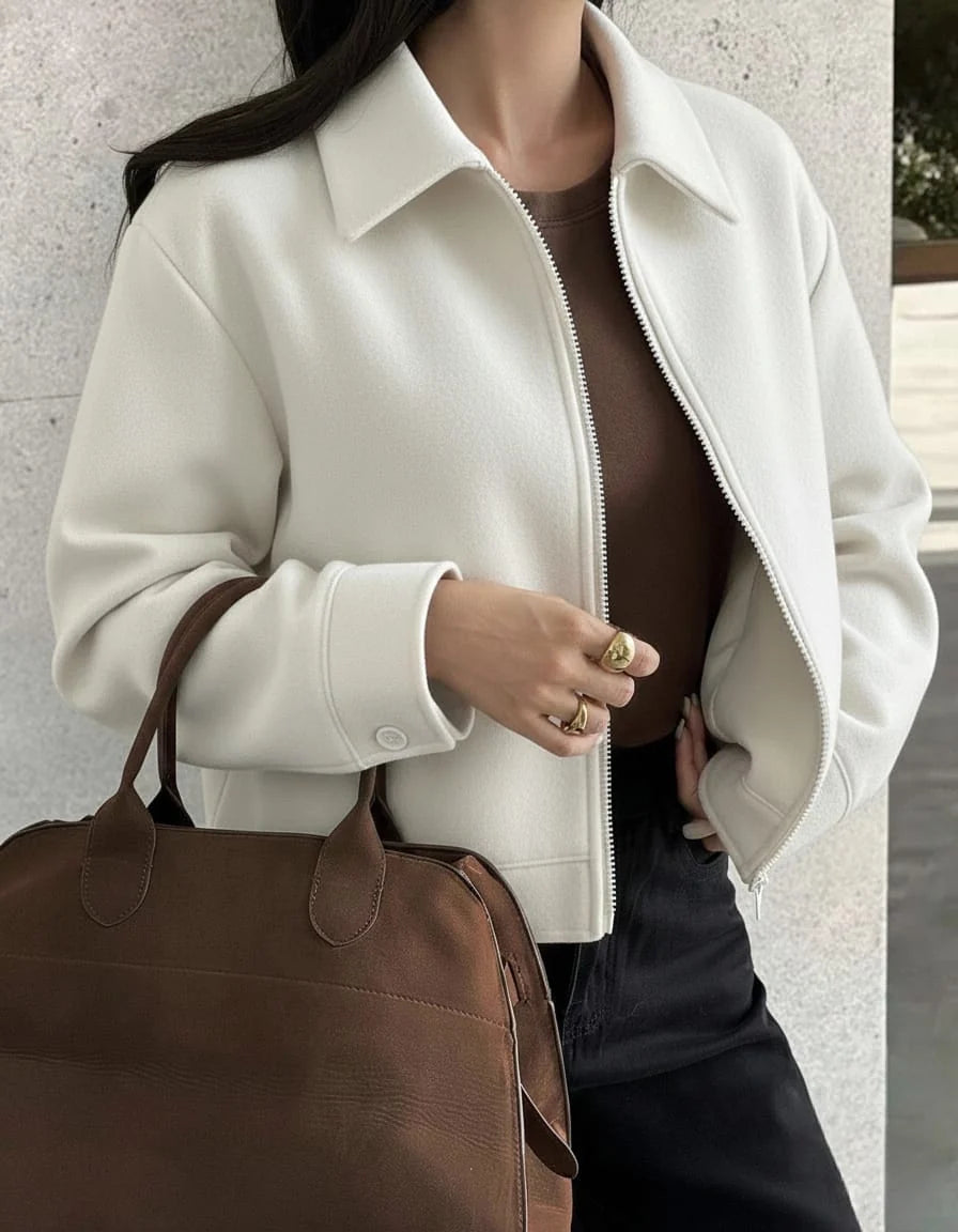 Women's Brown Collared Zip-Up Jacket with Large Pockets