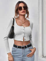 Neck Button Placket Rib-knit Tee