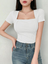 Women's Solid Color Swan Collar Short Sleeve T-Shirt