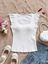 Solid Color Ribbed Knit Cap Sleeve Tee