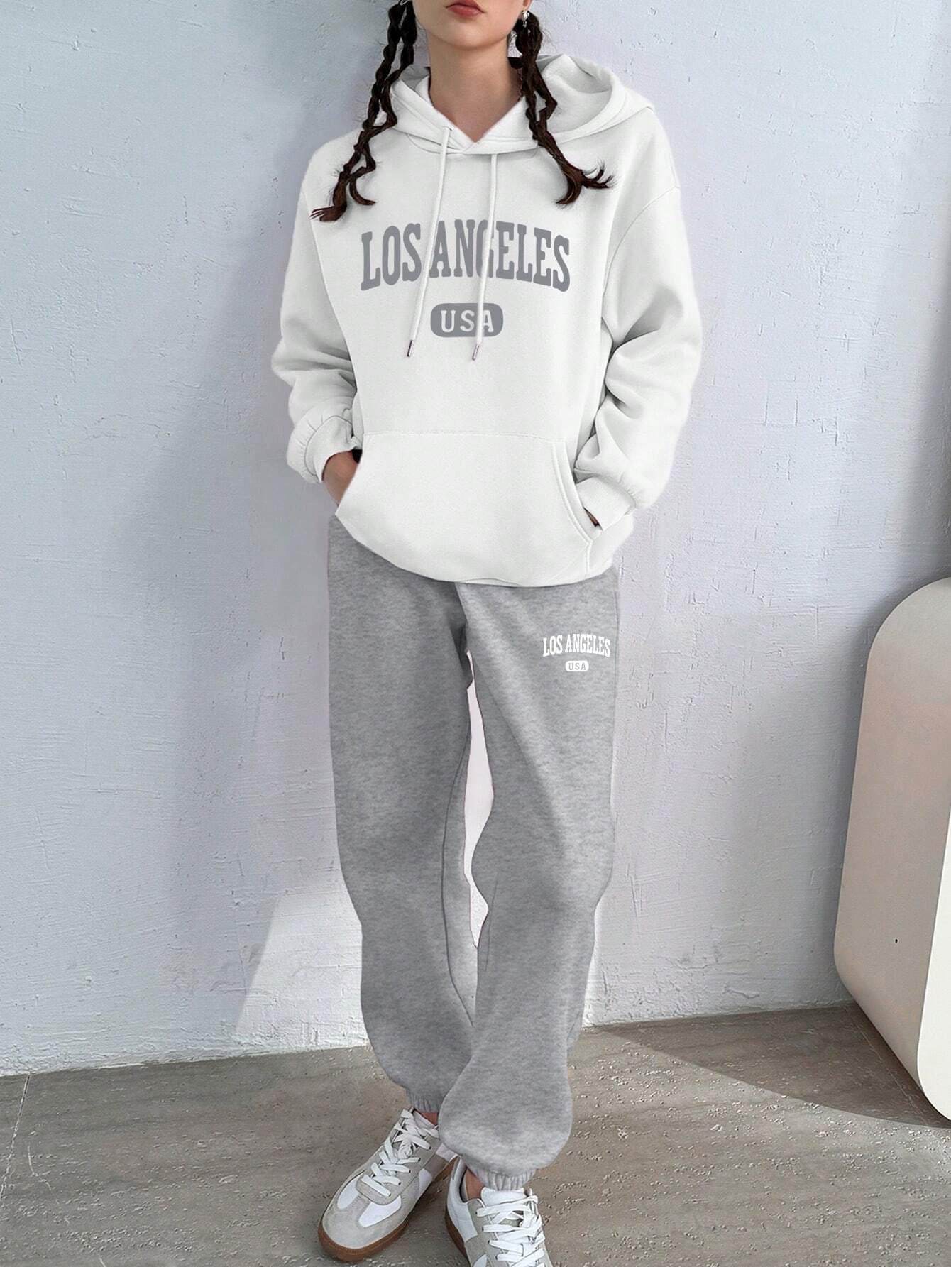2pcs Spring&Autumn Letter & Floral Print Drawstring Hoodie Sweatshirt And Pants Set
