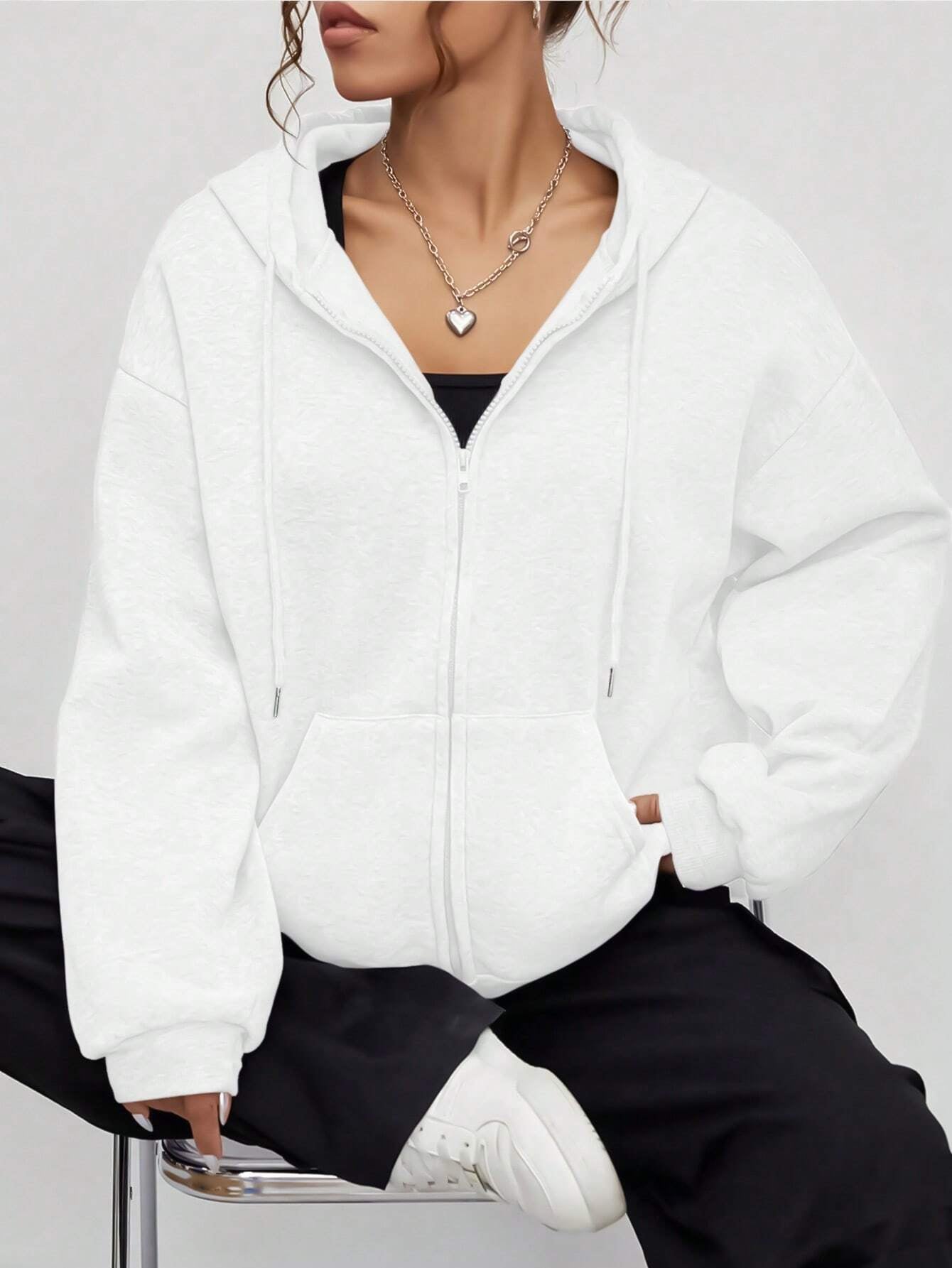 Casual Loose Open-Front Hoodie Sweatshirt with Drop Shoulders, Drawstring, Pockets, and Zip-Up Design