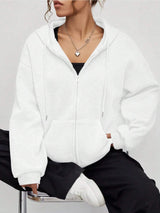 Casual Loose Open-Front Hoodie Sweatshirt with Drop Shoulders, Drawstring, Pockets, and Zip-Up Design