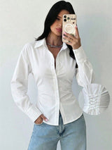 Women's Long Bell Sleeve Button Down Shirt Lace Up Back Princess Line Lapel Top