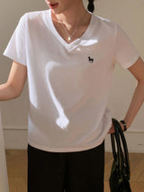 Casual V-Neck Unicorn Embroidery Short Sleeve T-Shirt