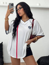 Streetwear Women's Sporty Fashion Loose Contrast Color Number 7 V-Neck T-Shirt