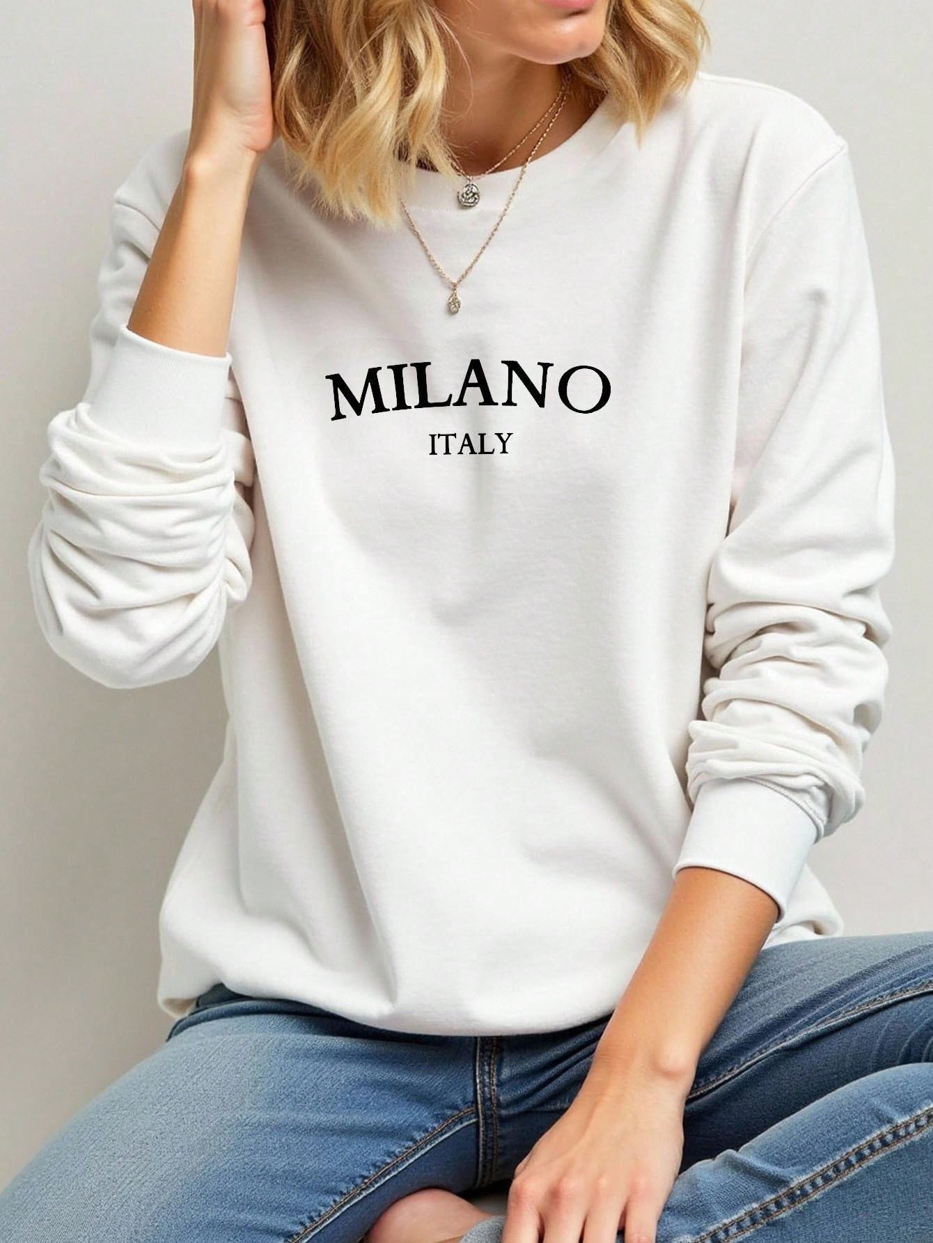 Casual Minimalist Milano Print Pattern White Round Neck Loose Fit Long Sleeve Sweatshirt