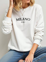 Casual Minimalist Milano Print Pattern White Round Neck Loose Fit Long Sleeve Sweatshirt