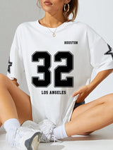 Letter & Number Pattern Drop Shoulder Short Sleeve T-Shirt Graphic Tees Women Tops
