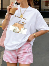 Round Neck Short Sleeve T-Shirt, Sleeping Cat English Letter Print