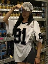 Casual V-Neck Short Sleeve T-Shirt with Bold '91' Digital Print - White & Black Contrast