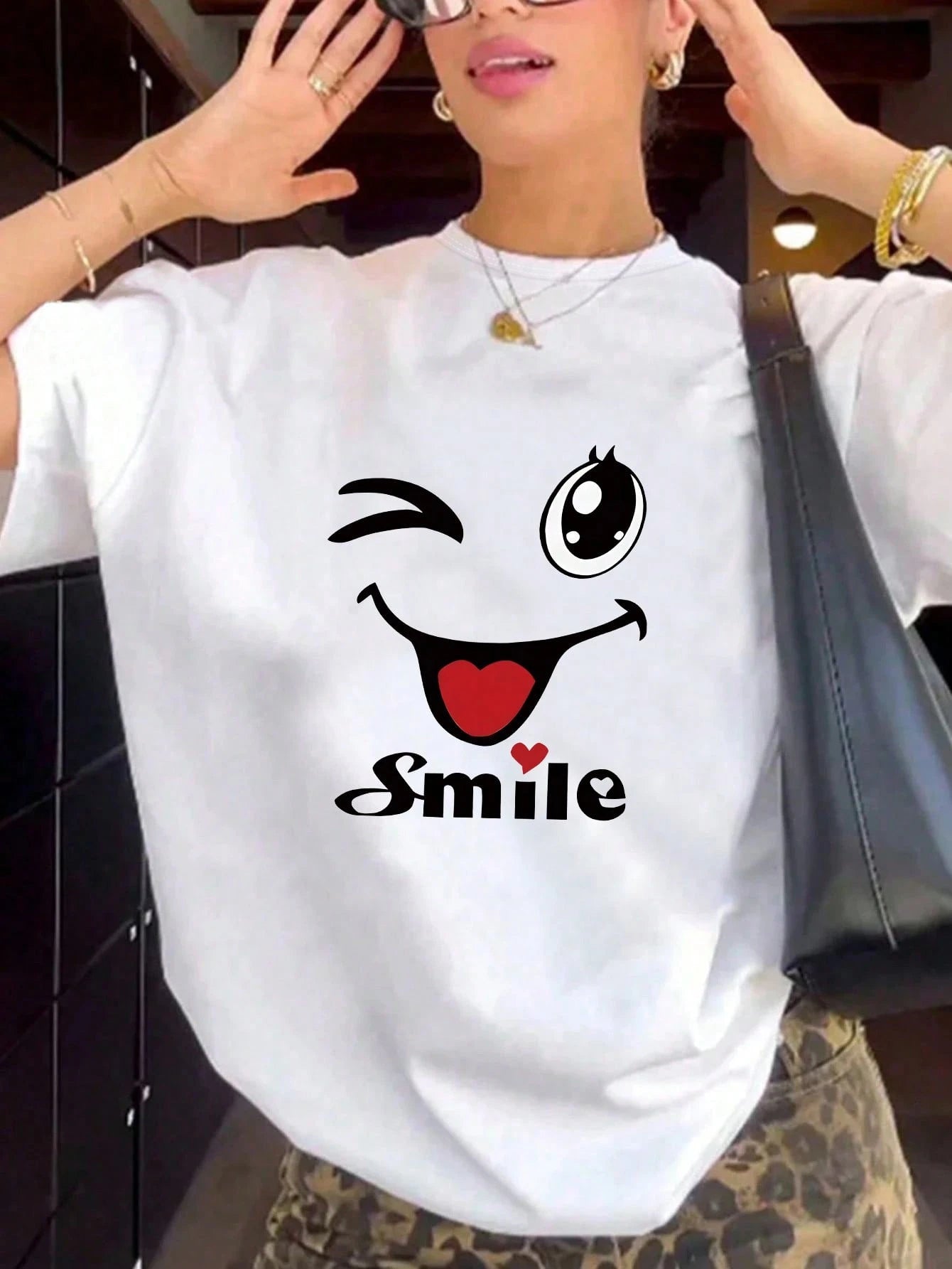 Casual Cartoon Print Round Neck White Short Sleeve T-Shirt, Summer Top