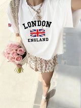 London Letter Print Cheongsam Pattern Round Neck Short Sleeve T-Shirt, Casual Loose Versatile Vacation Style Top