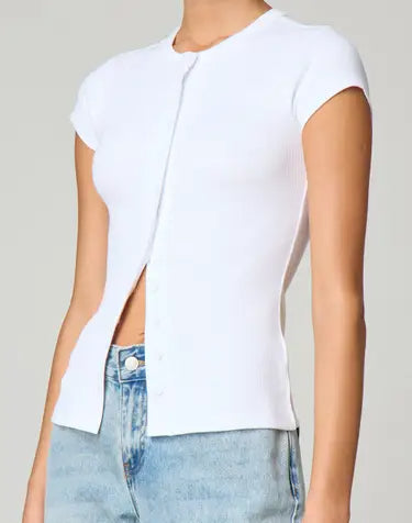 Ribbed Knit Cardigan - Stylish Solid Color T-Shirt with Full-Button Front and Ribbed Detailing, Perfect for Casual Wear