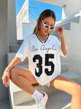 Letter Graphic Striped Trim Drop Shoulder Tee