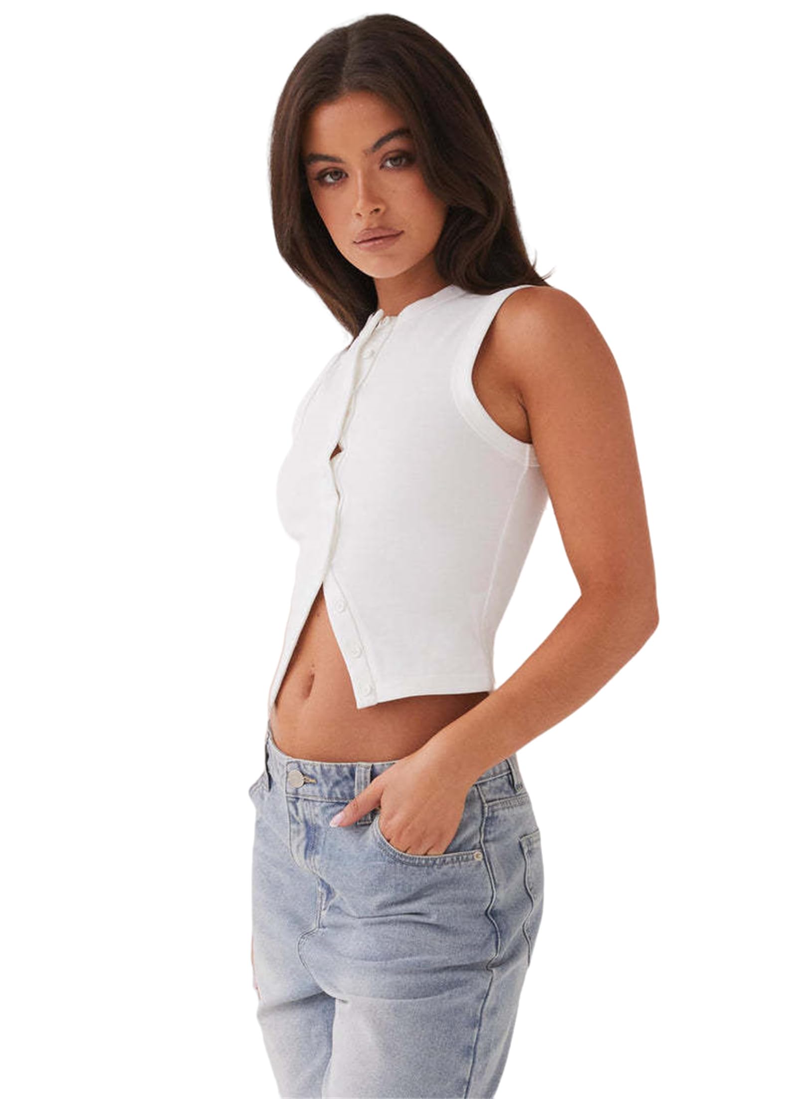 Rib-Knit Open Front Button Sleeveless Cropped Camisole Top