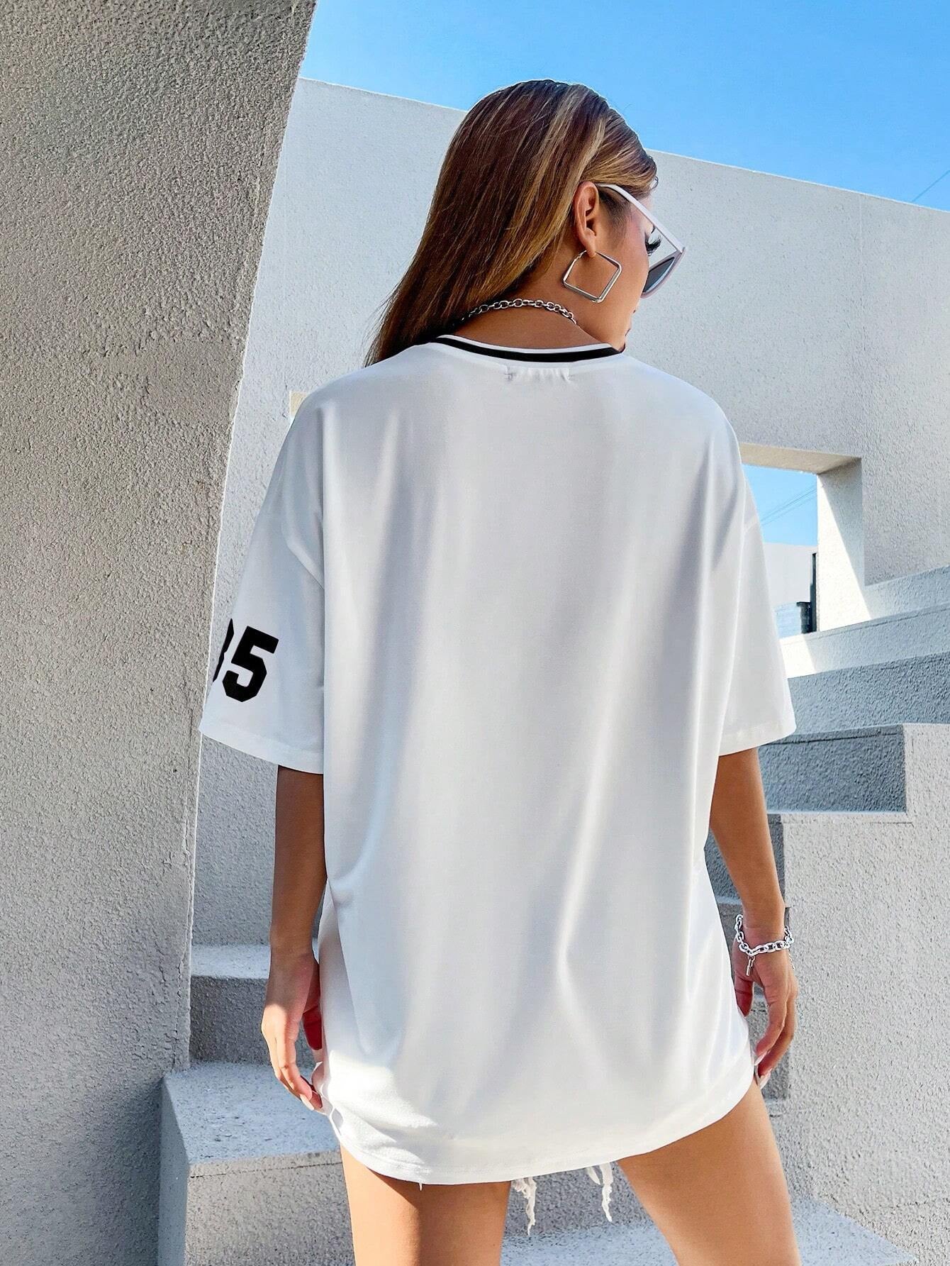 Letter Graphic Striped Trim Drop Shoulder Tee