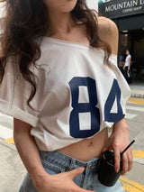 Numeric Print Asymmetric Collar Loose Casual T-Shirt, Summer Graphic Tees